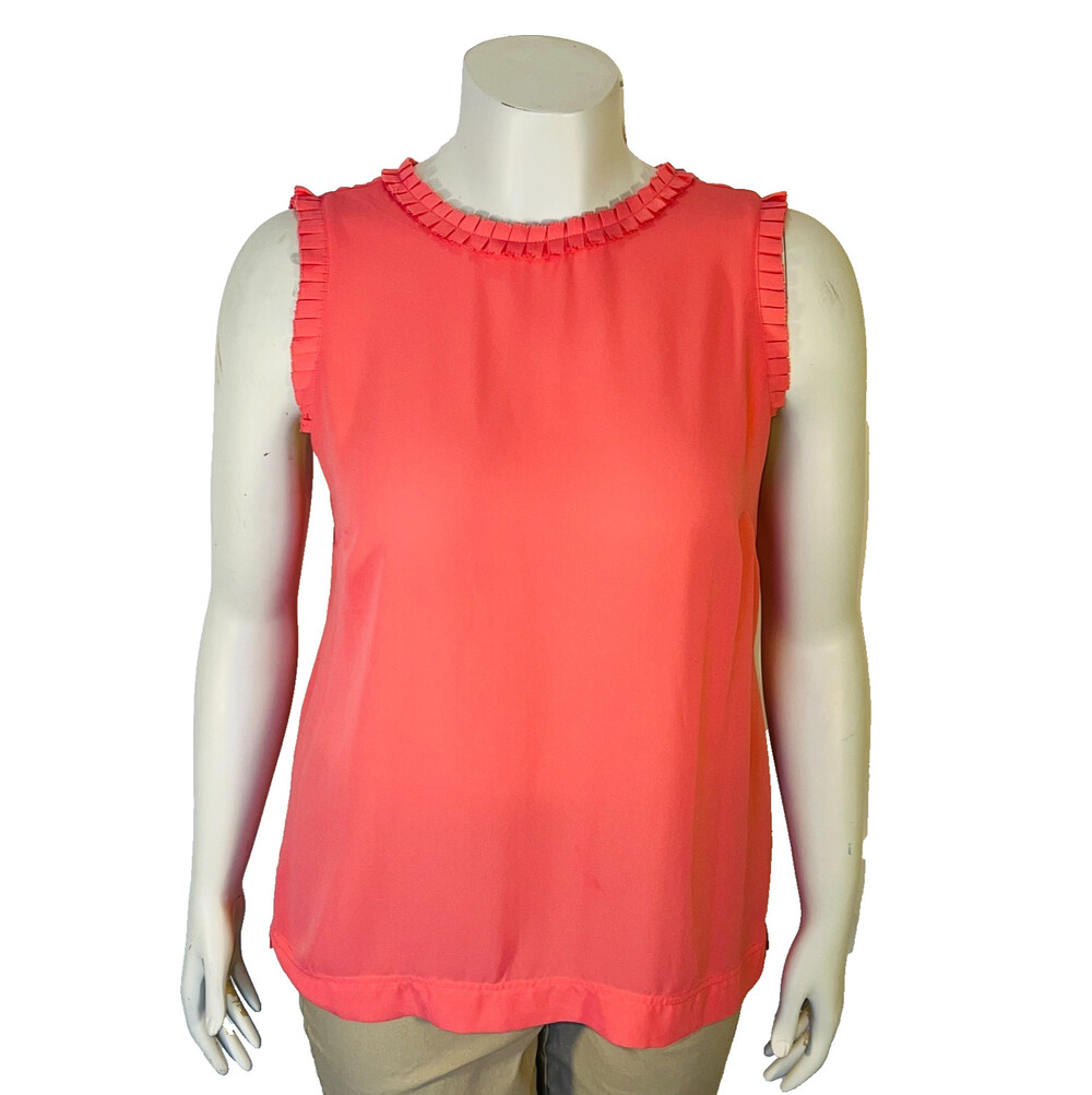 Catherine Maladrino Tank Blouse Womens L Coral Pink Raw Edge Pleated Mock Neck